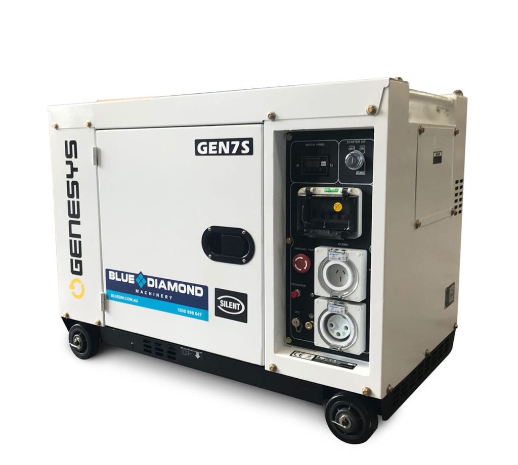 White Genesys generator with Blue Diamond Machinery branding and multiple outlets.