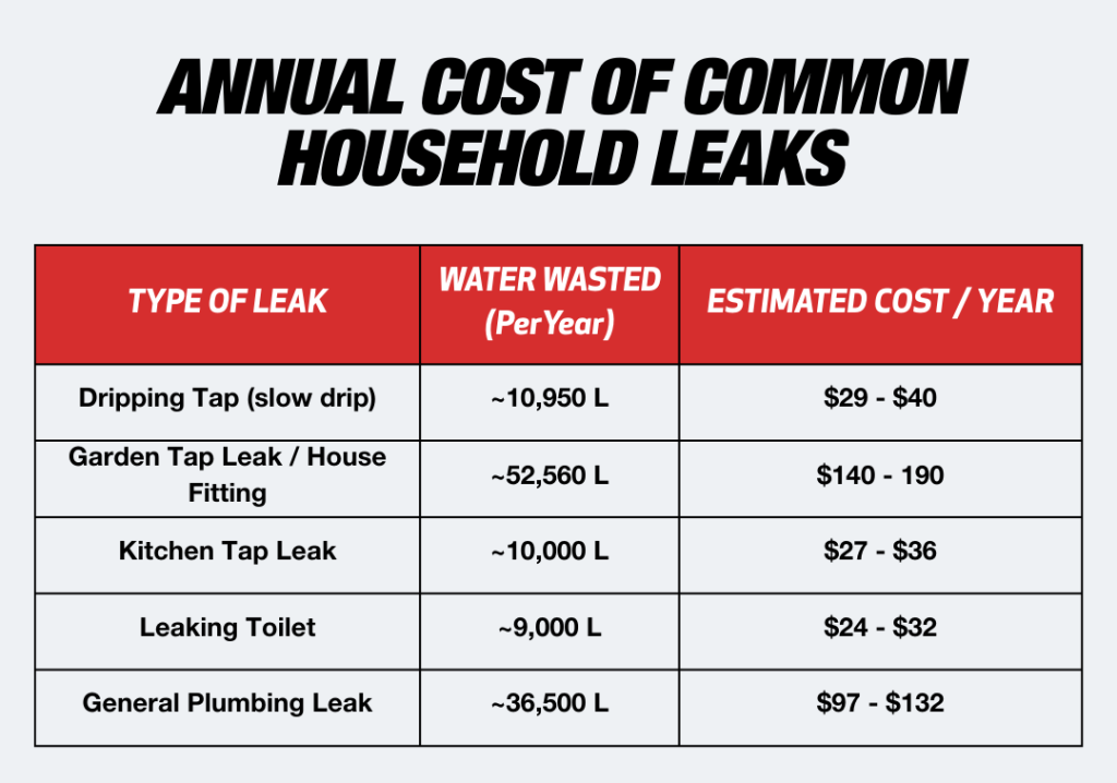 Annual cost of household leaks: water wasted and estimated cost per year for different types of leaks.