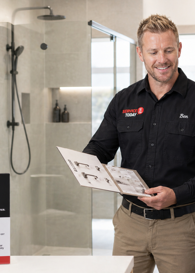 Service Today technician Ben holding a bathroom hardware catalog in a modern bathroom showroom.