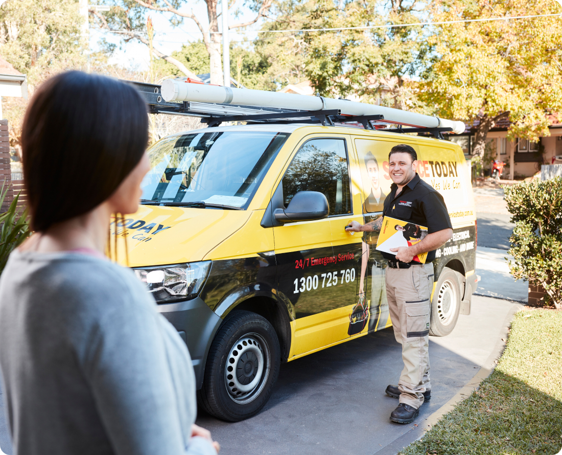 Technician with yellow van offers plumbing services.