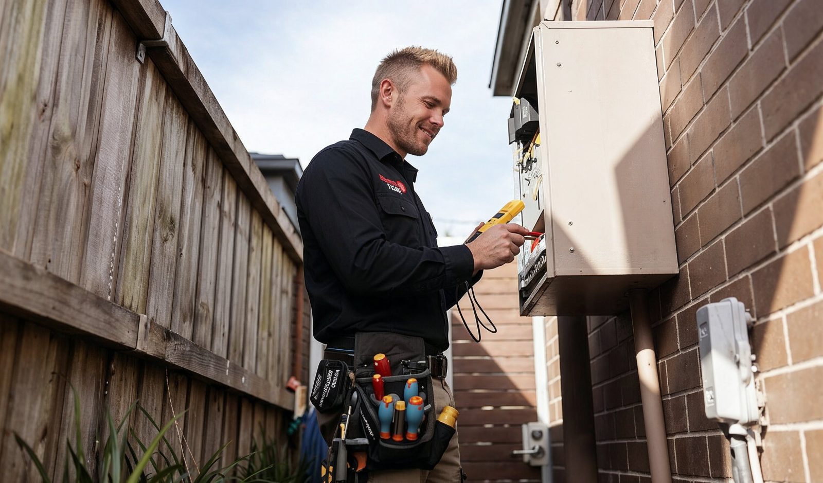 Electrician using a voltage tester on an outdoor electrical box near a wooden fence.