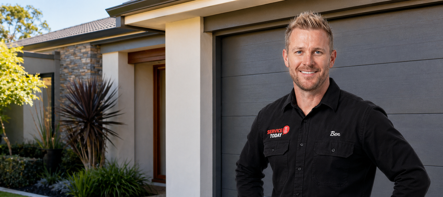 Man in Service Today uniform smiling in front of a modern grey garage door and house.