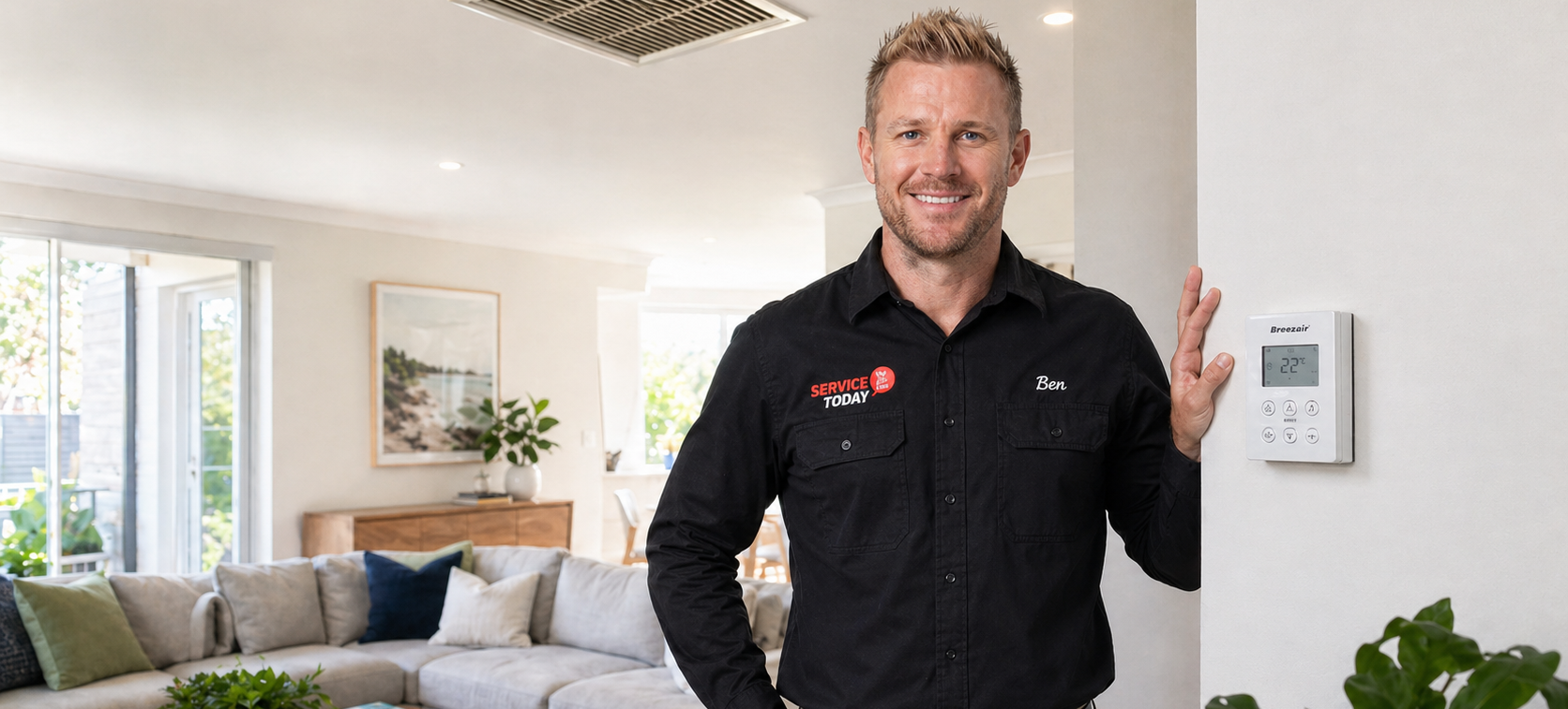 Technician Ben from Service Today next to a Breezair thermostat showing 22°C in a living room.