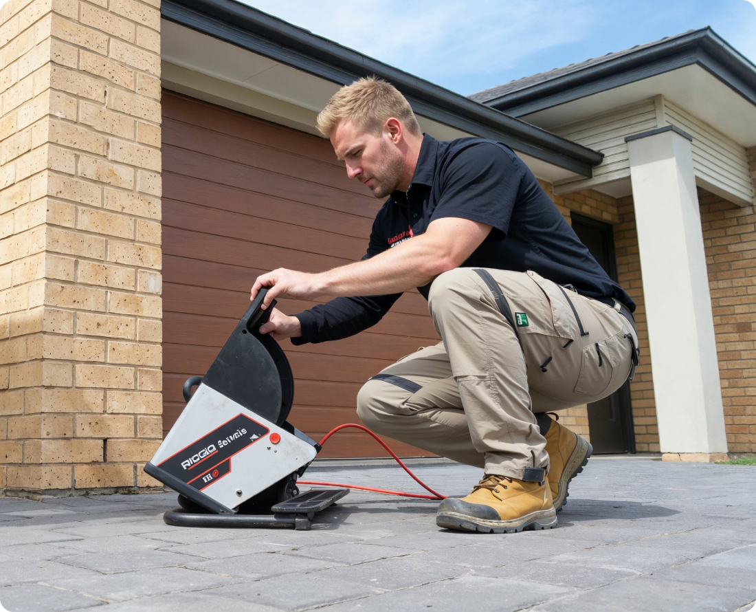 Plumber uses drain cleaning machine next to garage door.