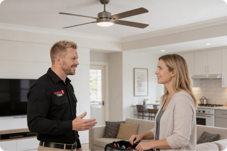 Electrician in uniform speaking with a woman by a toolbox in a home.