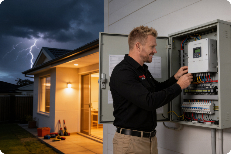 Electrician inspecting solar inverter on a house during a thunderstorm.