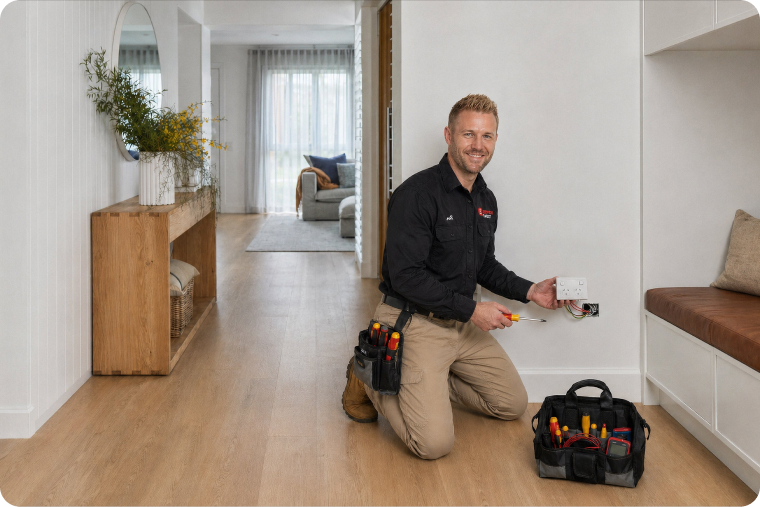 Electrician kneeling to install a power outlet with tools and toolbox nearby.