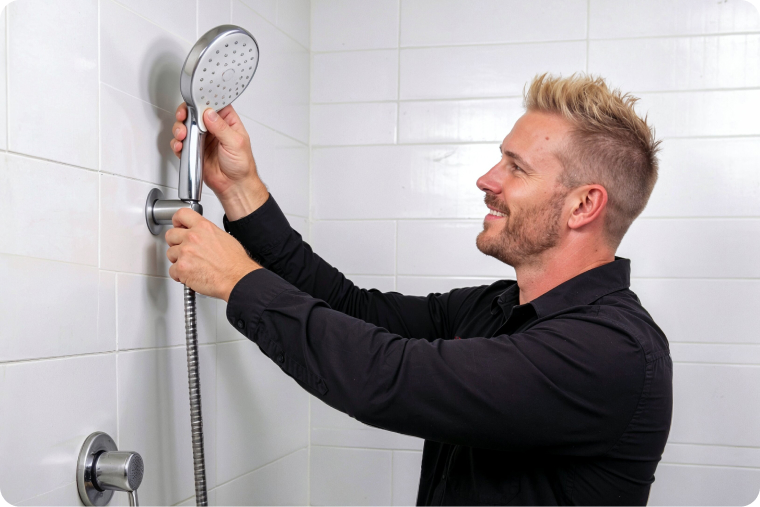 Man installing shower head with white tiled wall background, leak detection context.