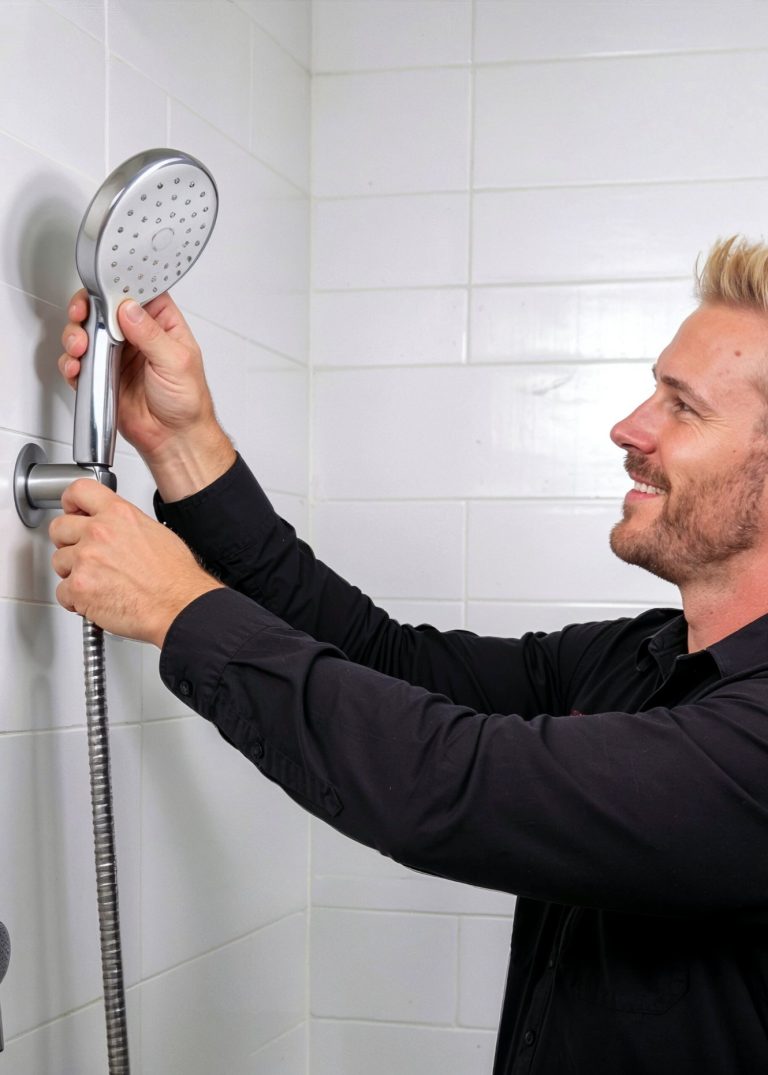 Man in black shirt installing a shower head in a tiled bathroom.