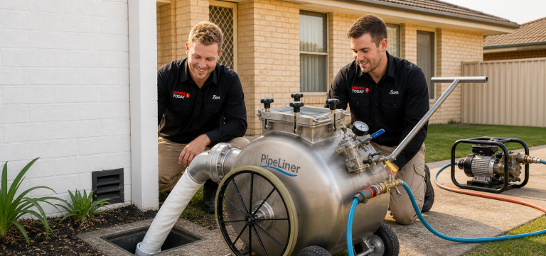 Two plumbers working with a PipeLiner machine for pipe relining service.