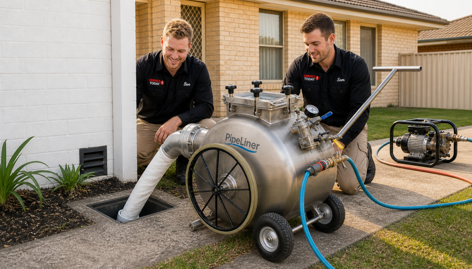 Two men in Service Today uniforms demonstrate pipe relining equipment outdoors.