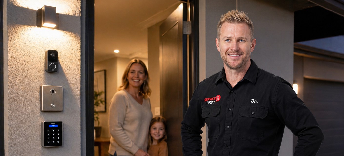 Service technician Ben with a family at a smart home entrance.
