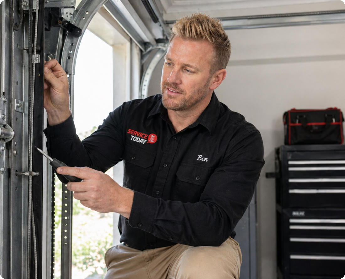 Garage door technician Ben adjusts a cable with a screwdriver, wearing a Service Today shirt.