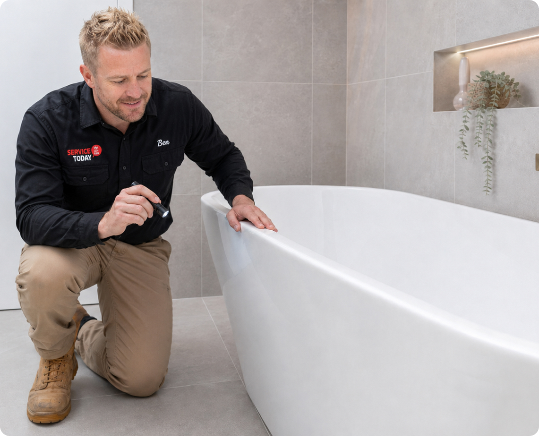 Plumber inspecting a bathtub with a flashlight for "1 Day Baths" service.