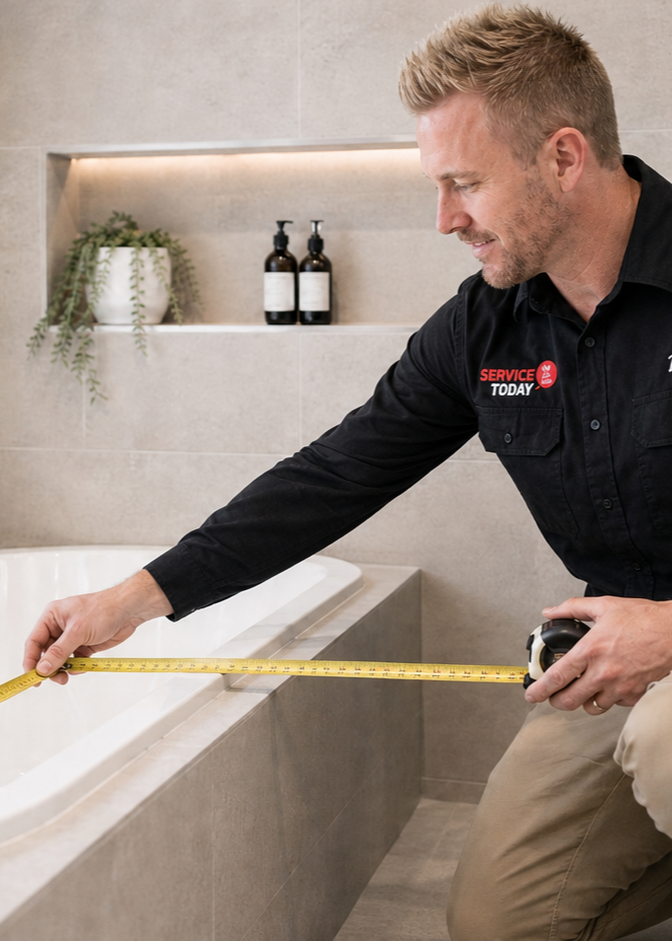 Man in black "Service Today" shirt measures bathtub edge with a tape measure for a bathroom renovation.