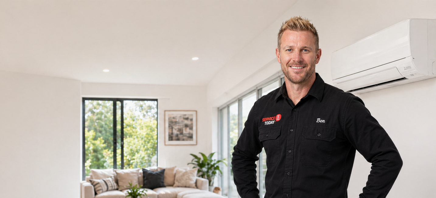 Service technician Ben from Service Today stands by a clean air conditioner in a modern living room.