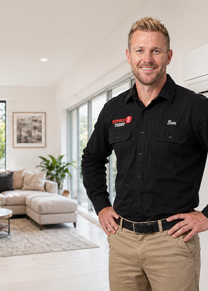 Service technician Ben from Service Today smiles while standing in a modern living room.