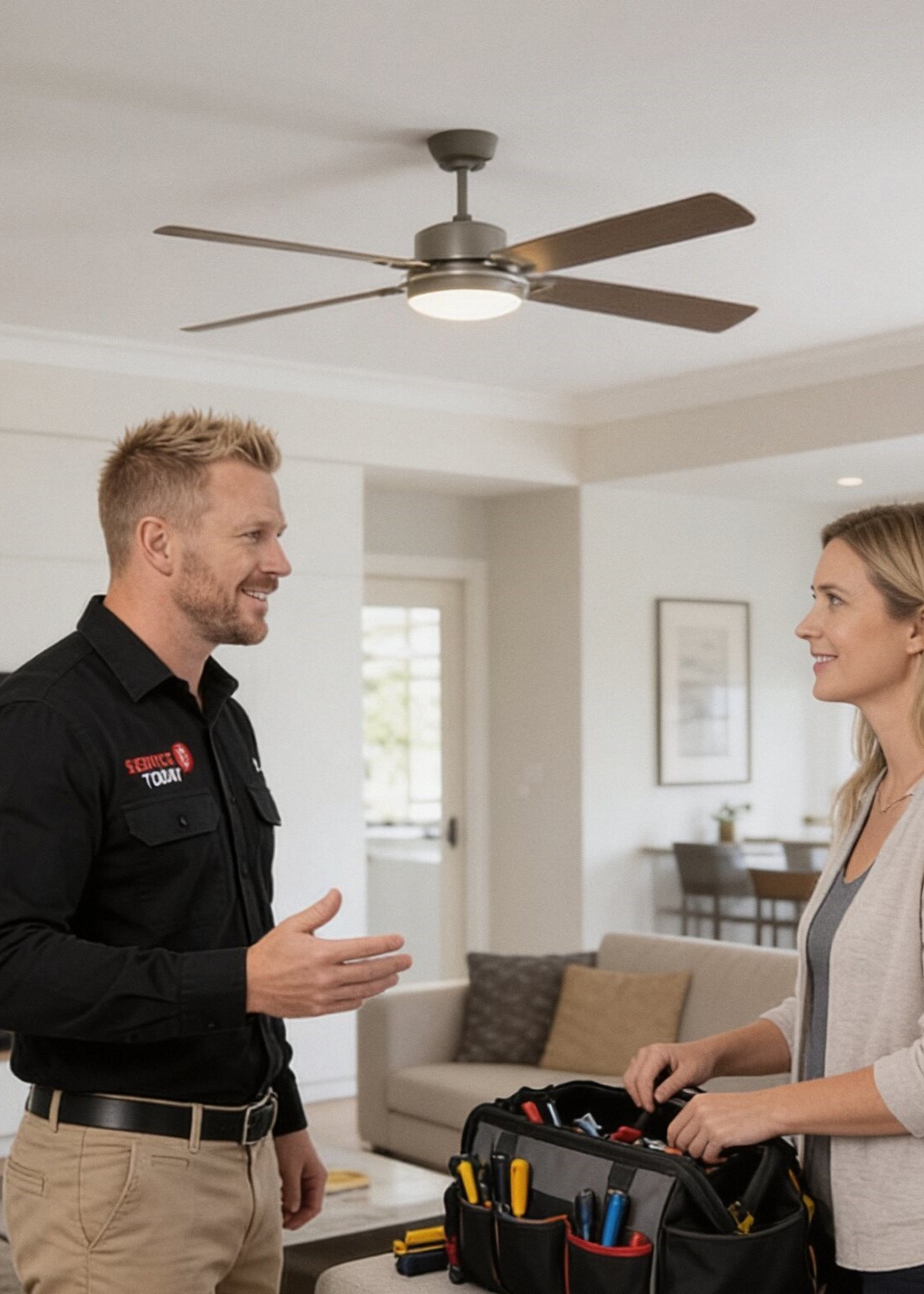 Technician discusses ceiling fan installation with homeowner, tool bag present.