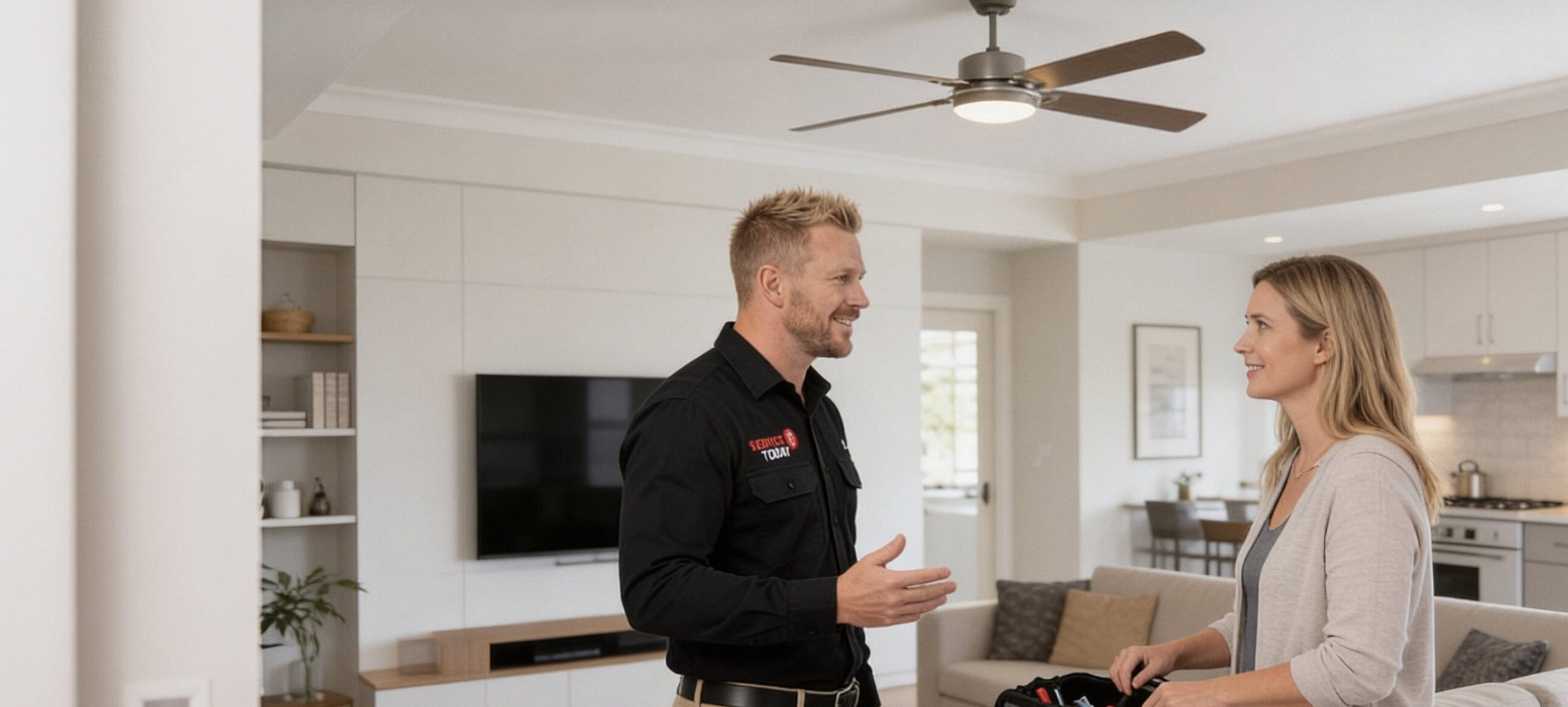 Service technician talking to a woman in a living room with a ceiling fan.