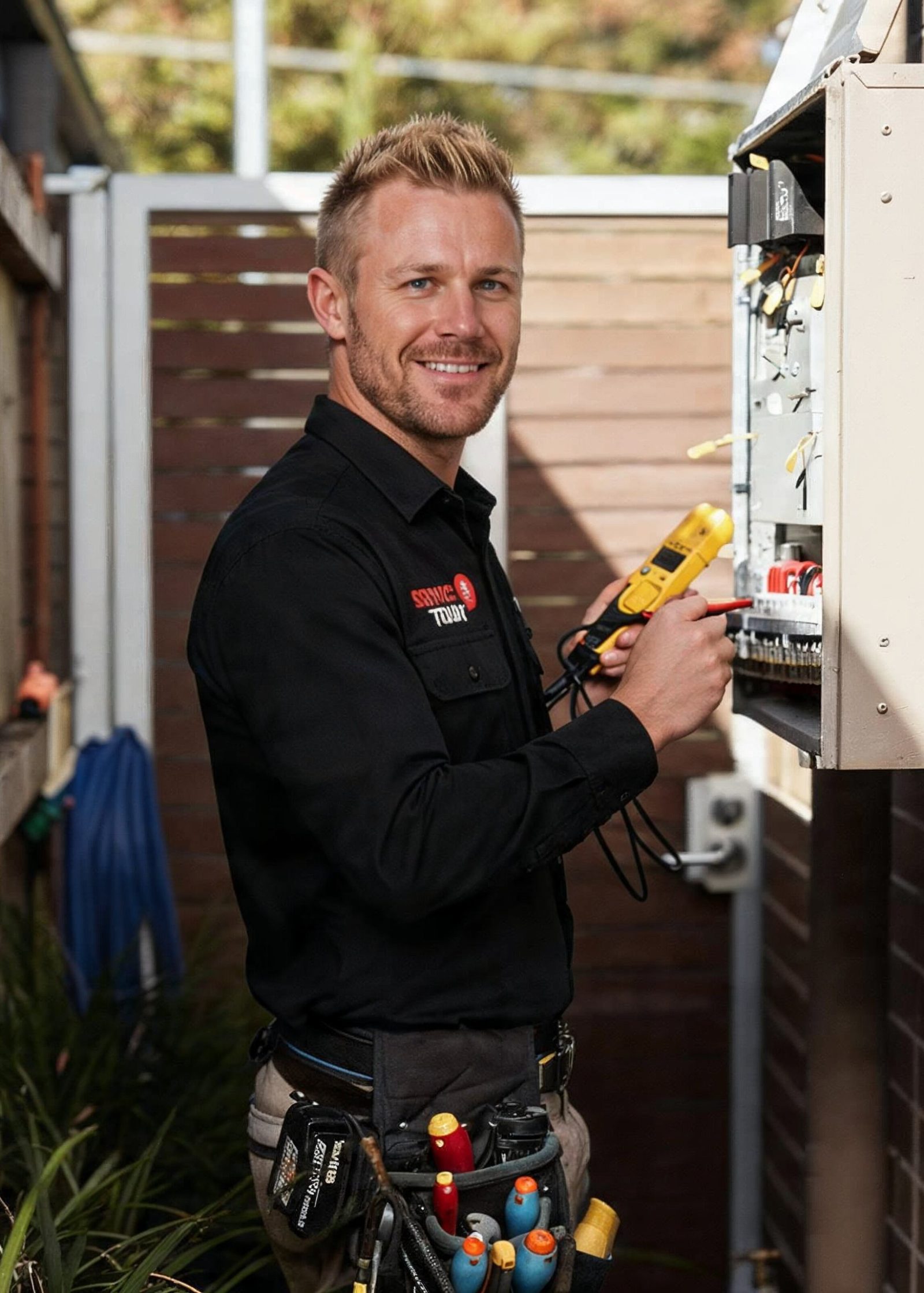 Electrician testing electrical panel with a voltage meter.