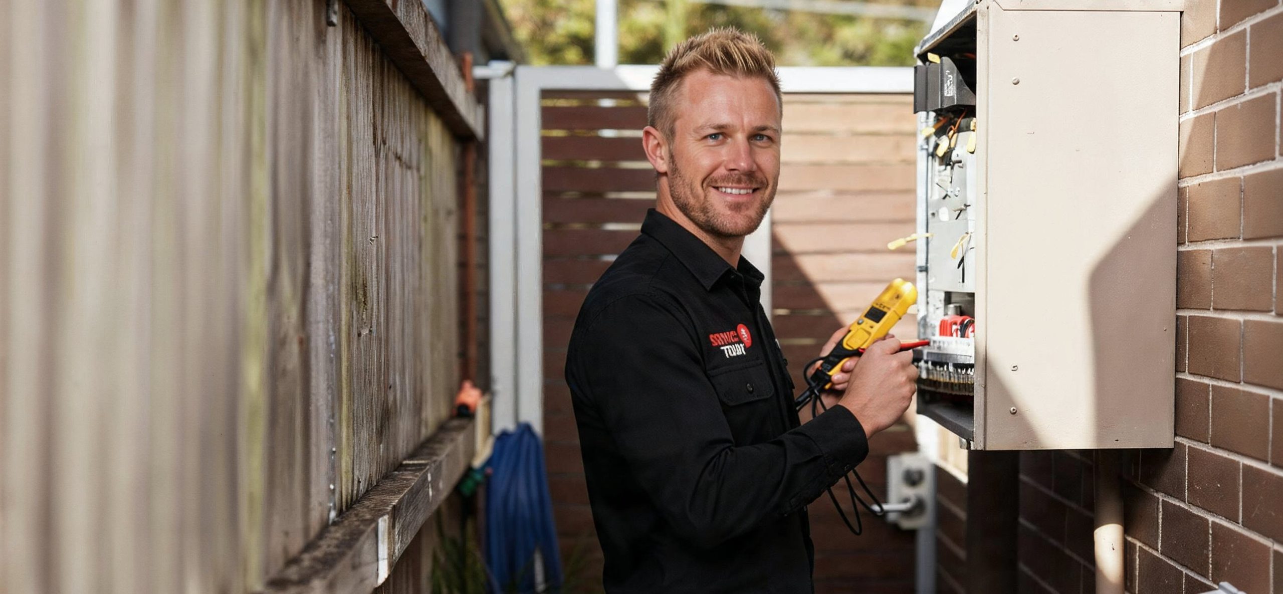 Electrician using a multimeter to test an electrical box outdoors.