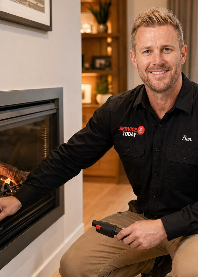 Technician Ben servicing a gas fireplace, holding a diagnostic tool.