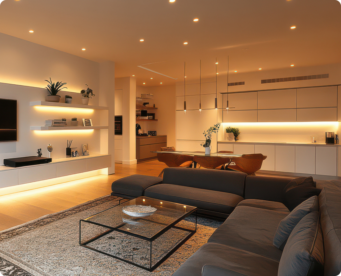 Modern living room with recessed ceiling lights, accent lighting on shelves, and a large sectional sofa with a glass coffee table.