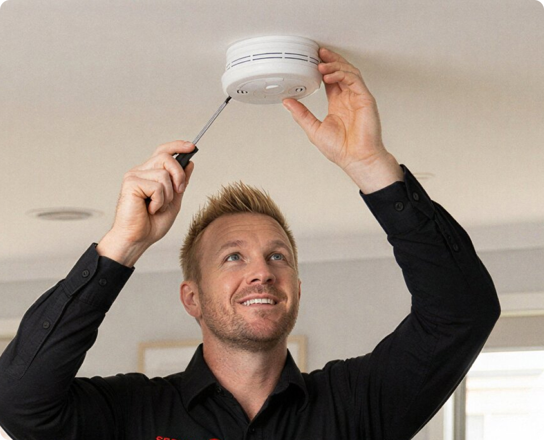 Man installing a smoke alarm on the ceiling with a screwdriver.