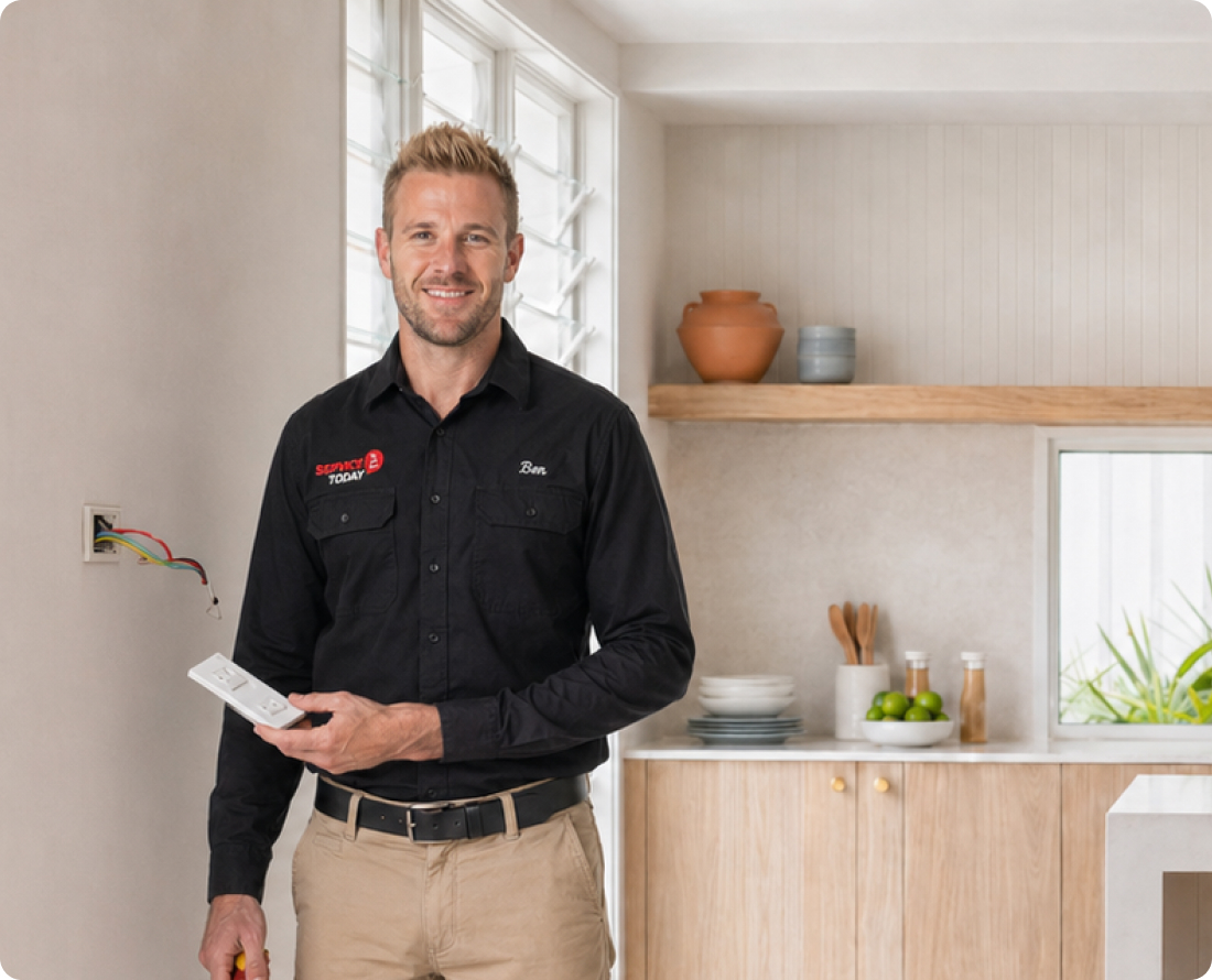 Electrician Ben holds a power point near exposed wires, ready for installation in a modern kitchen.