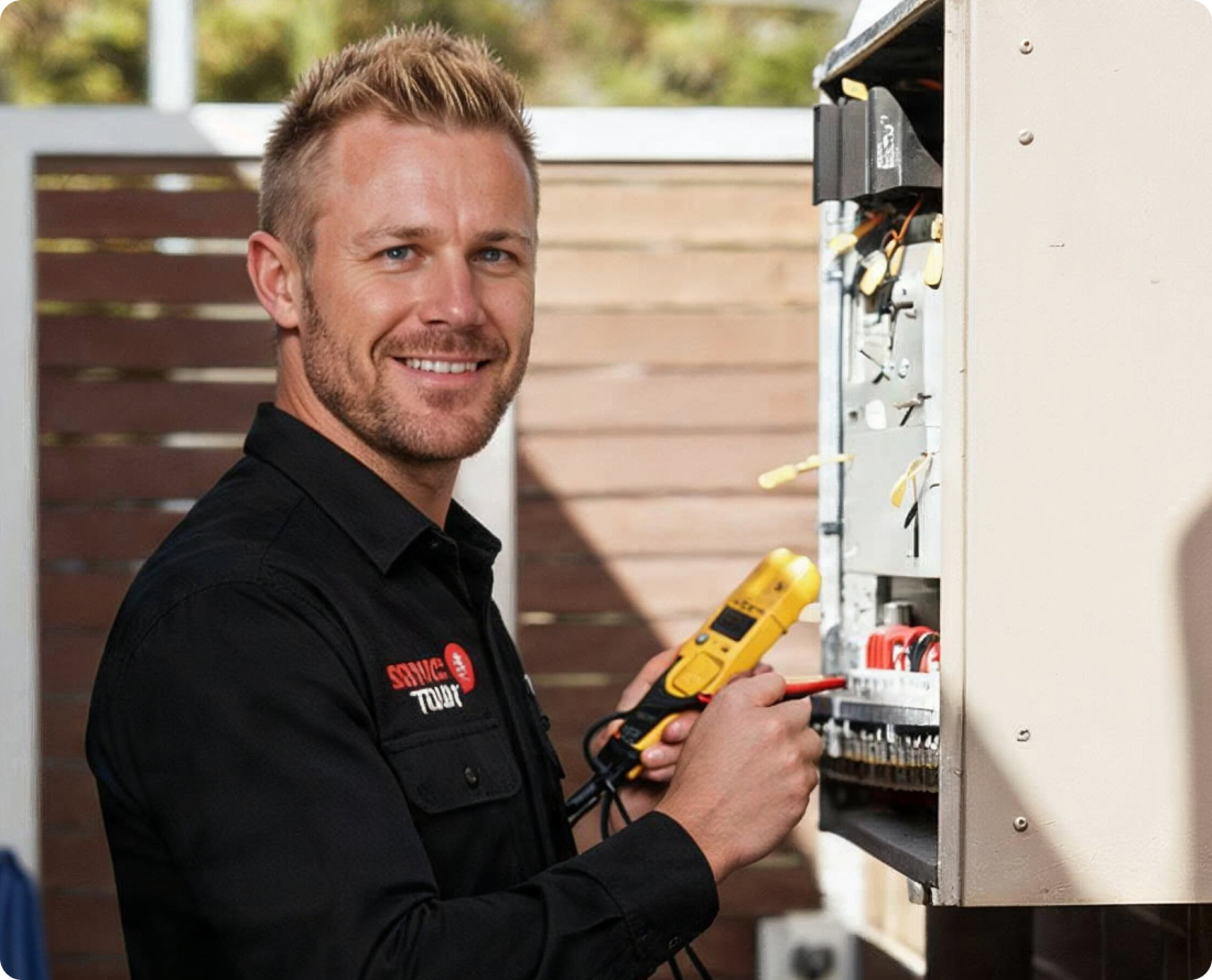 Electrician with a voltage tester examines an electrical panel for fault detection.