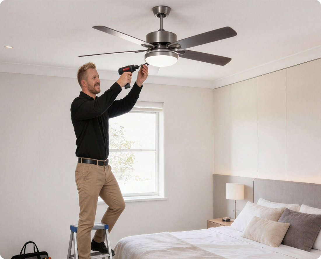 Man installing a ceiling fan with a drill while standing on a step stool.