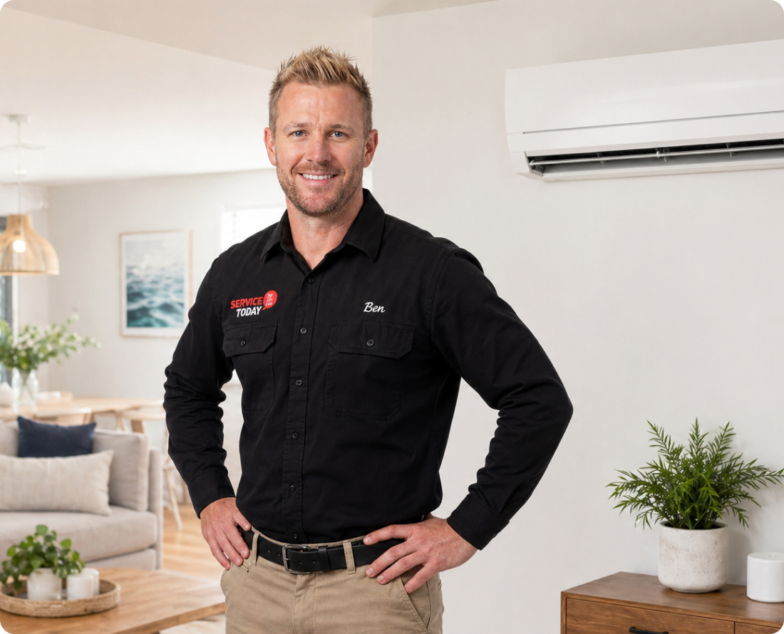 Service Today technician Ben stands with an air conditioner and living room in the background.
