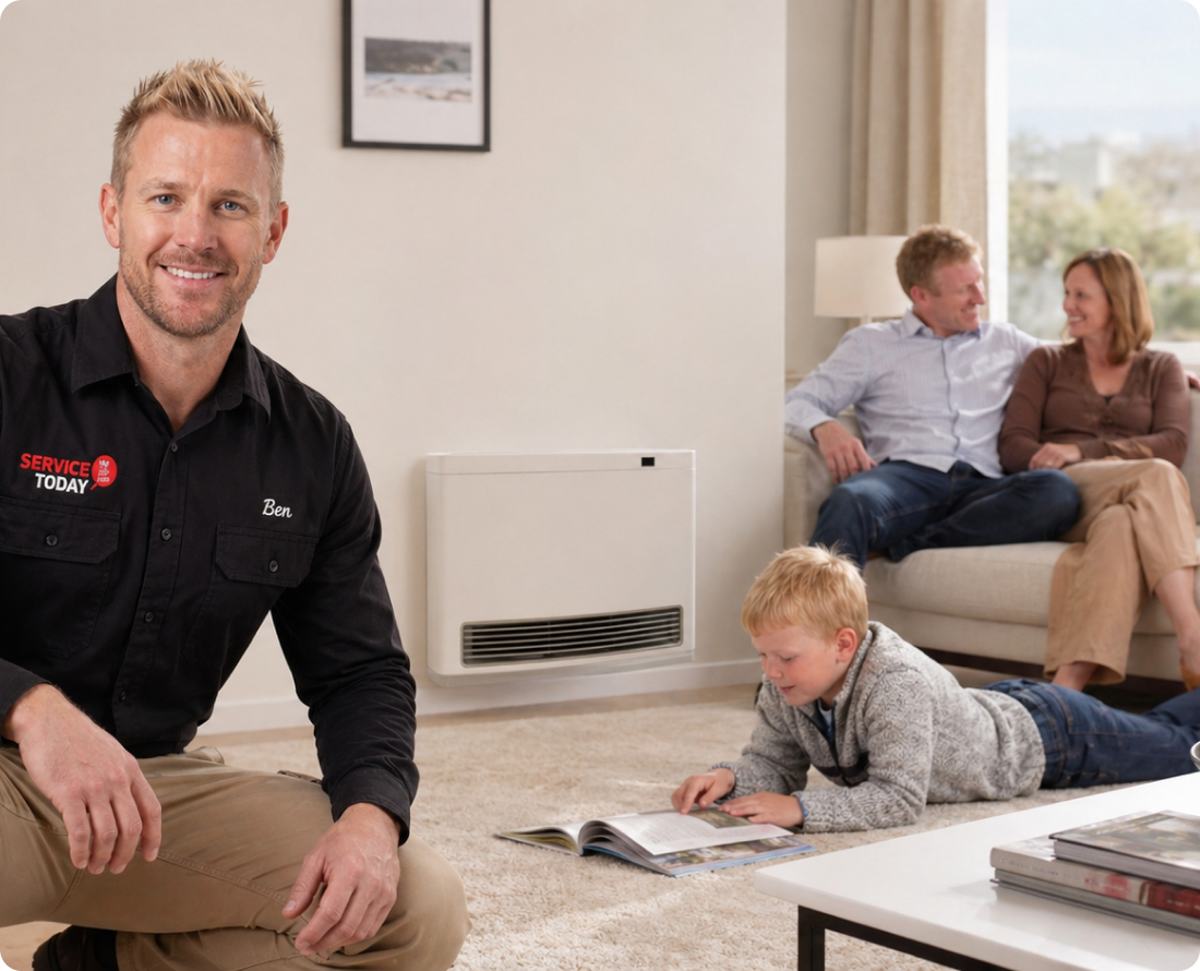 Gas heating installer Ben with a family enjoying a warm living room.