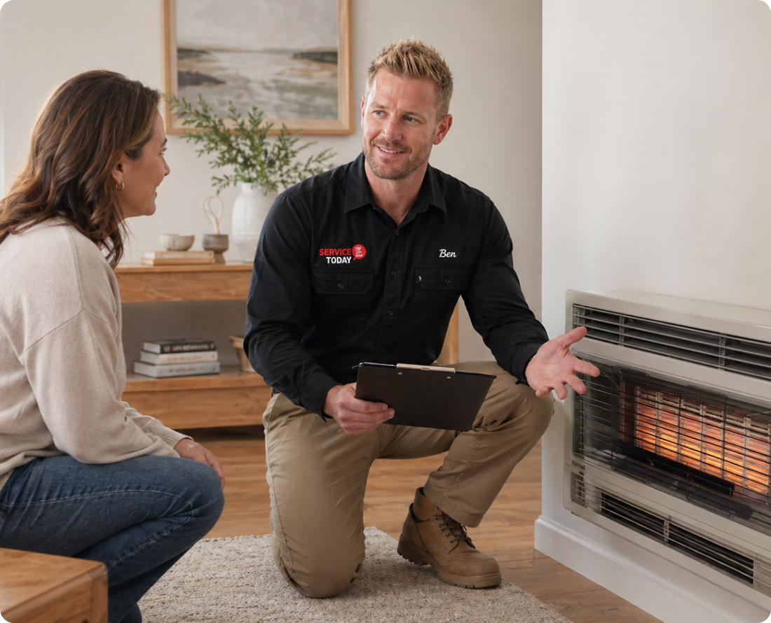 Technician Ben from Service Today checks a gas heater for a customer.