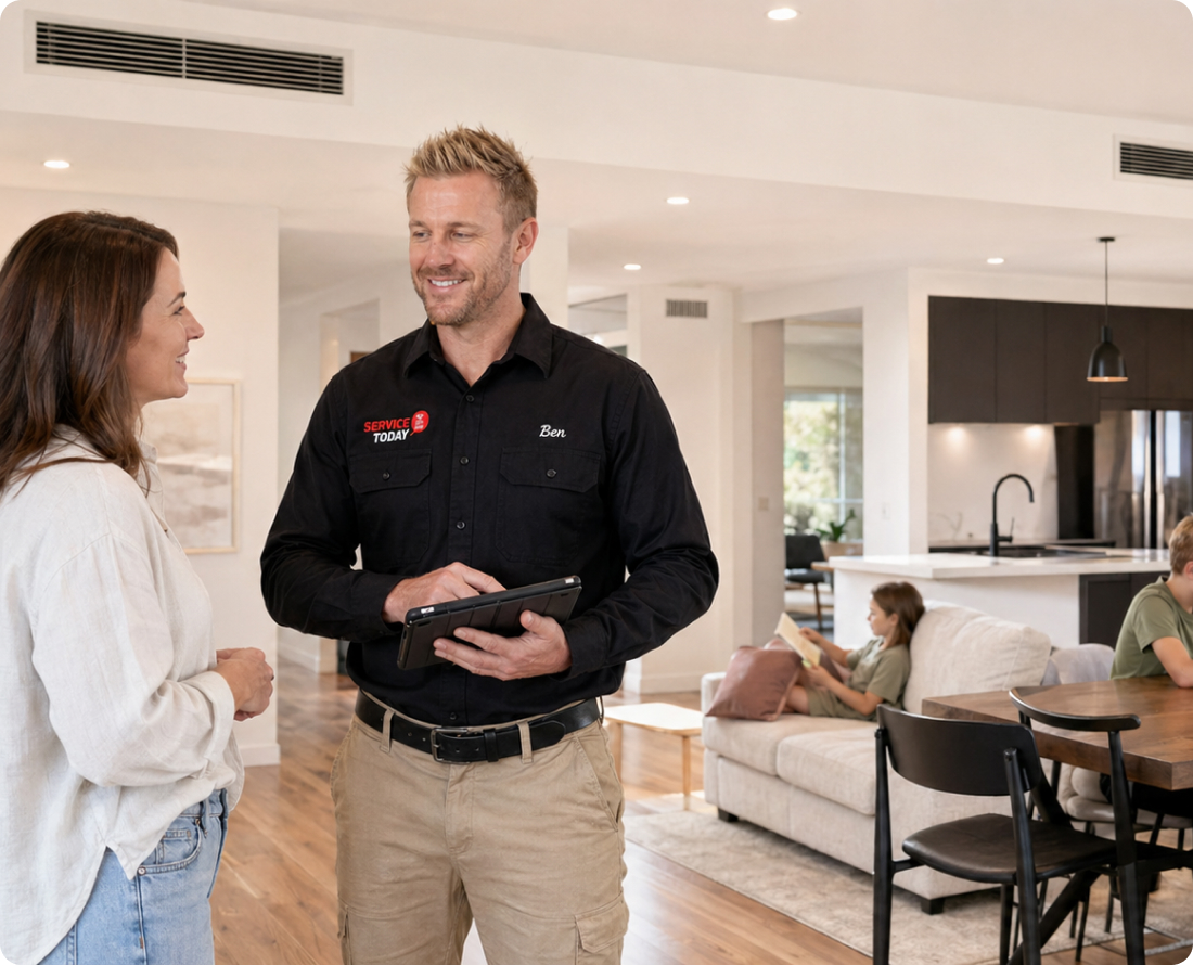 Technician with tablet discusses ducted air conditioning with homeowner in modern living room.