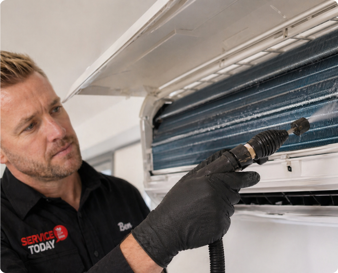 Man wearing gloves cleans air conditioner coils with a spray nozzle.