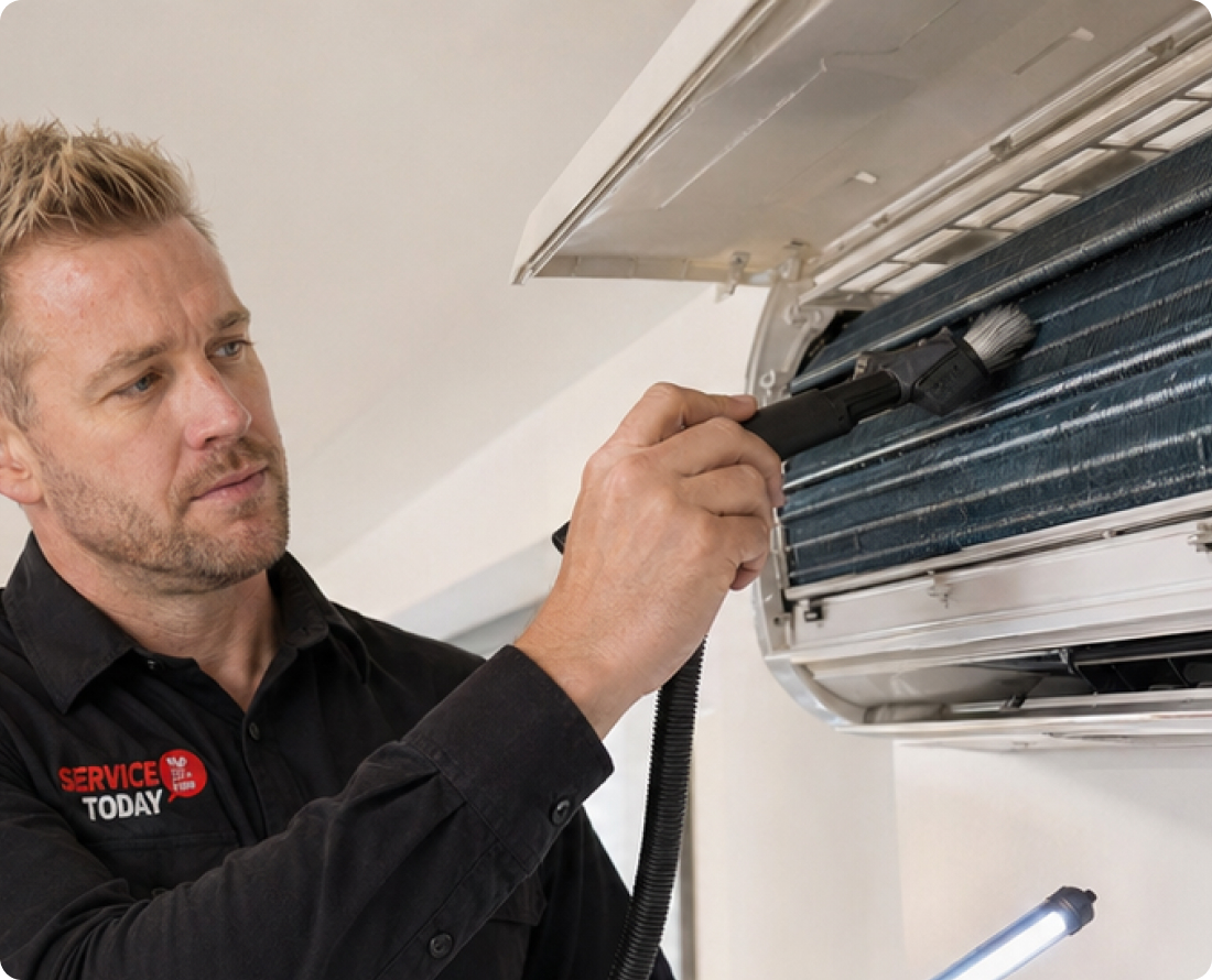 Air conditioner technician cleaning the evaporator coils with a brush.
