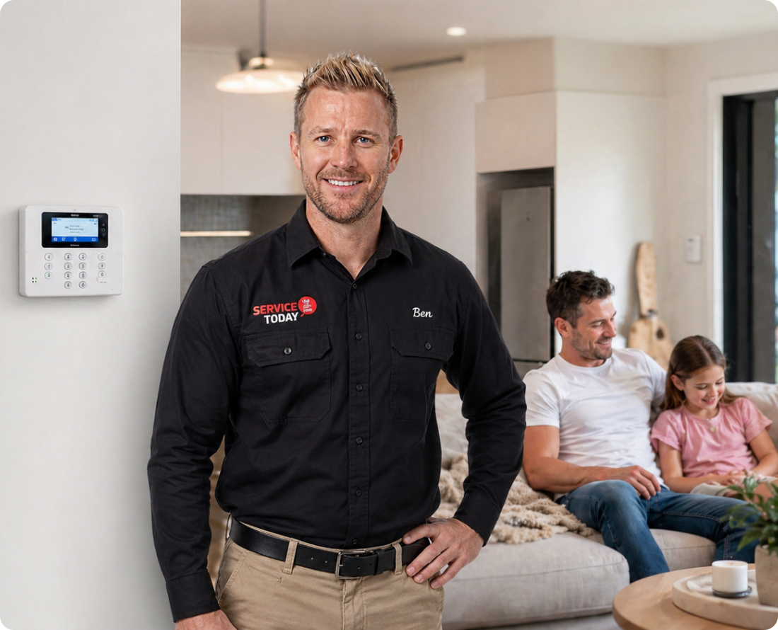 Service technician Ben next to alarm system with family relaxing on couch.