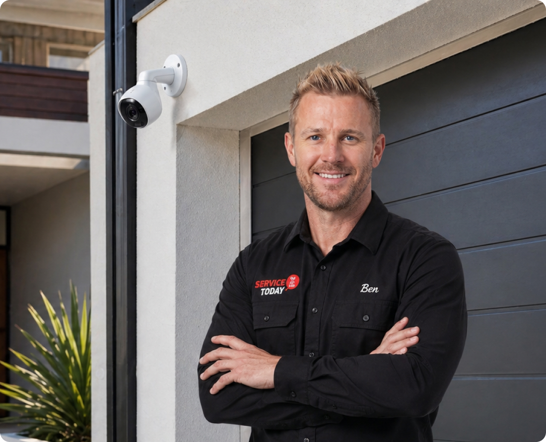 Man in uniform with "Service Today" logo stands by a security camera, part of "Alarm Systems" content.