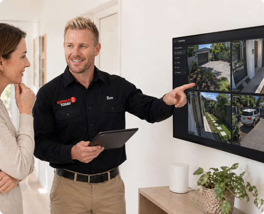 Security technician Ben shows a client a live feed from outdoor cameras on a tablet and TV screen.