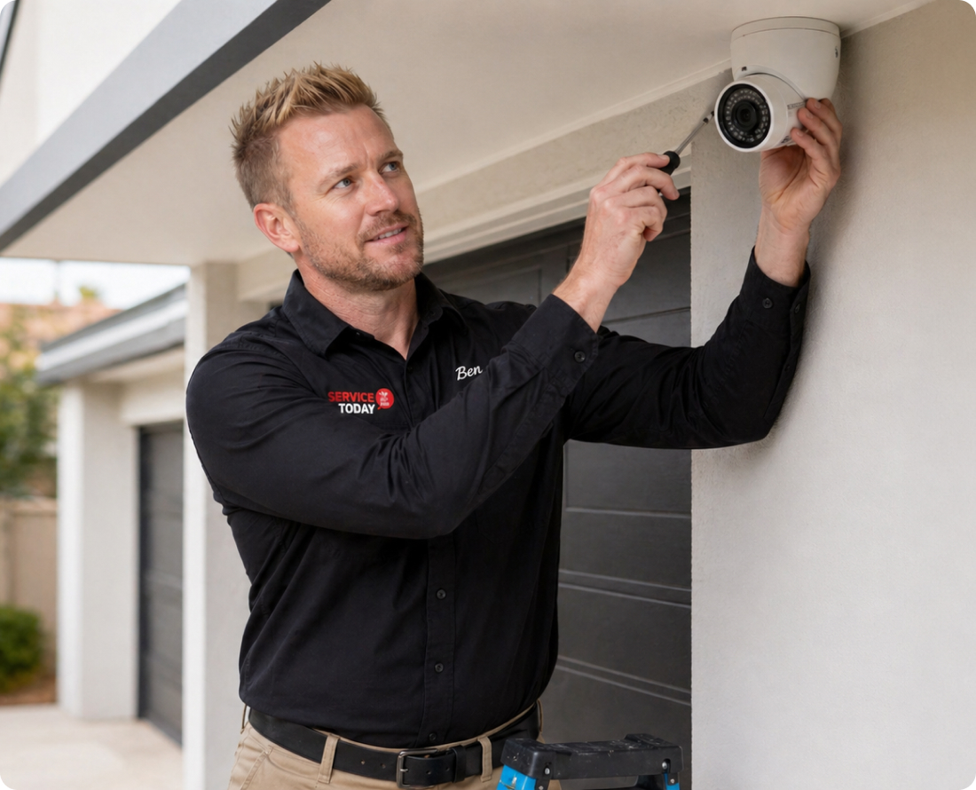 Technician installing a security camera on a home's exterior.