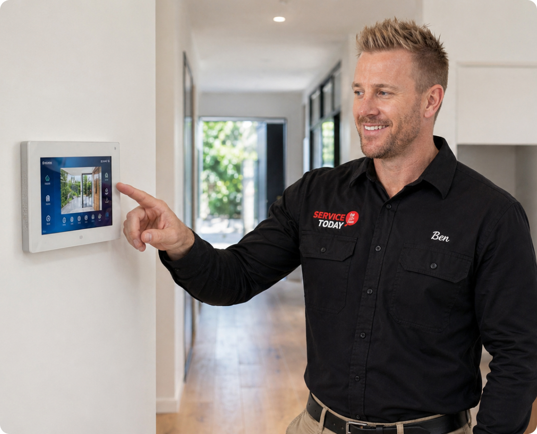 Technician Ben touches an alarm system panel displaying a home security feed.