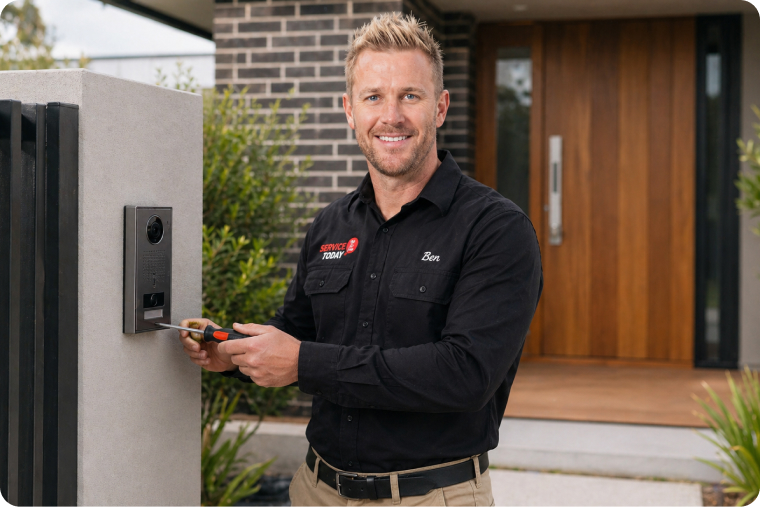Technician installing a security camera doorbell on a modern house.