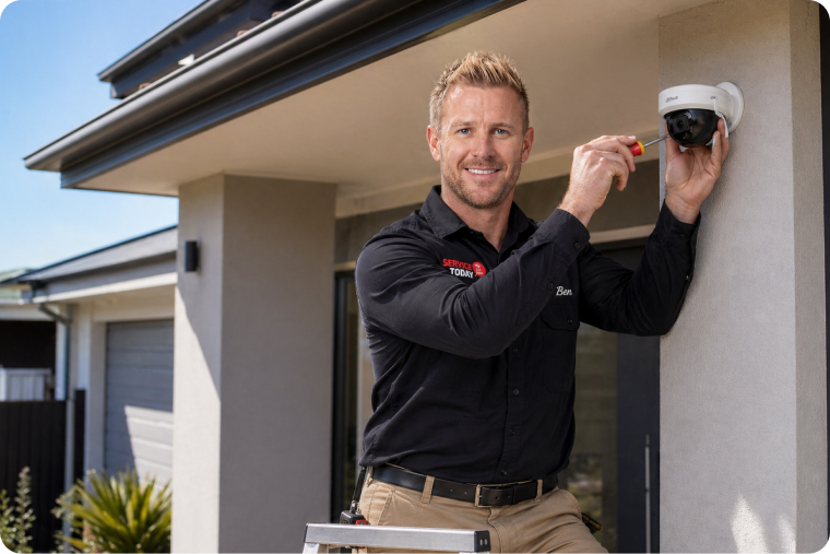 Technician installing a security camera on a house exterior.