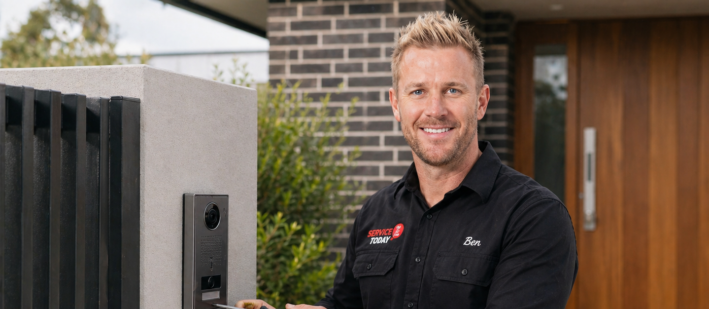 Service technician Ben installing a doorbell camera by a modern home entrance.