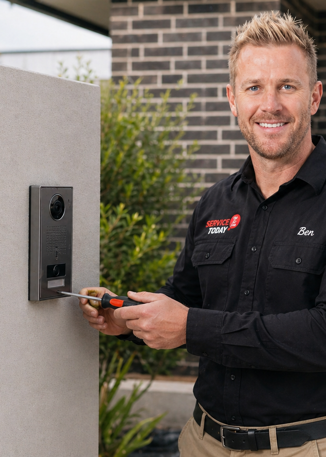 Technician Ben installs an intercom system for Service Today.