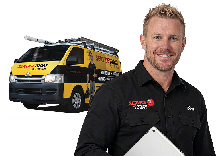 Service Today technician Ben smiling with a tablet and branded van.