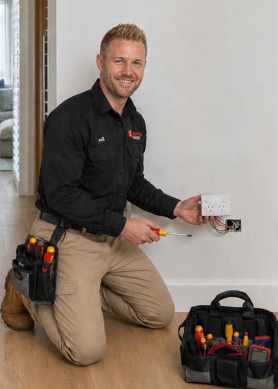 Electrician installing a power point, holding a screwdriver and the power point itself.