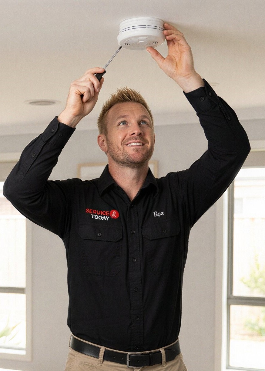 Technician installing a smoke alarm on the ceiling.