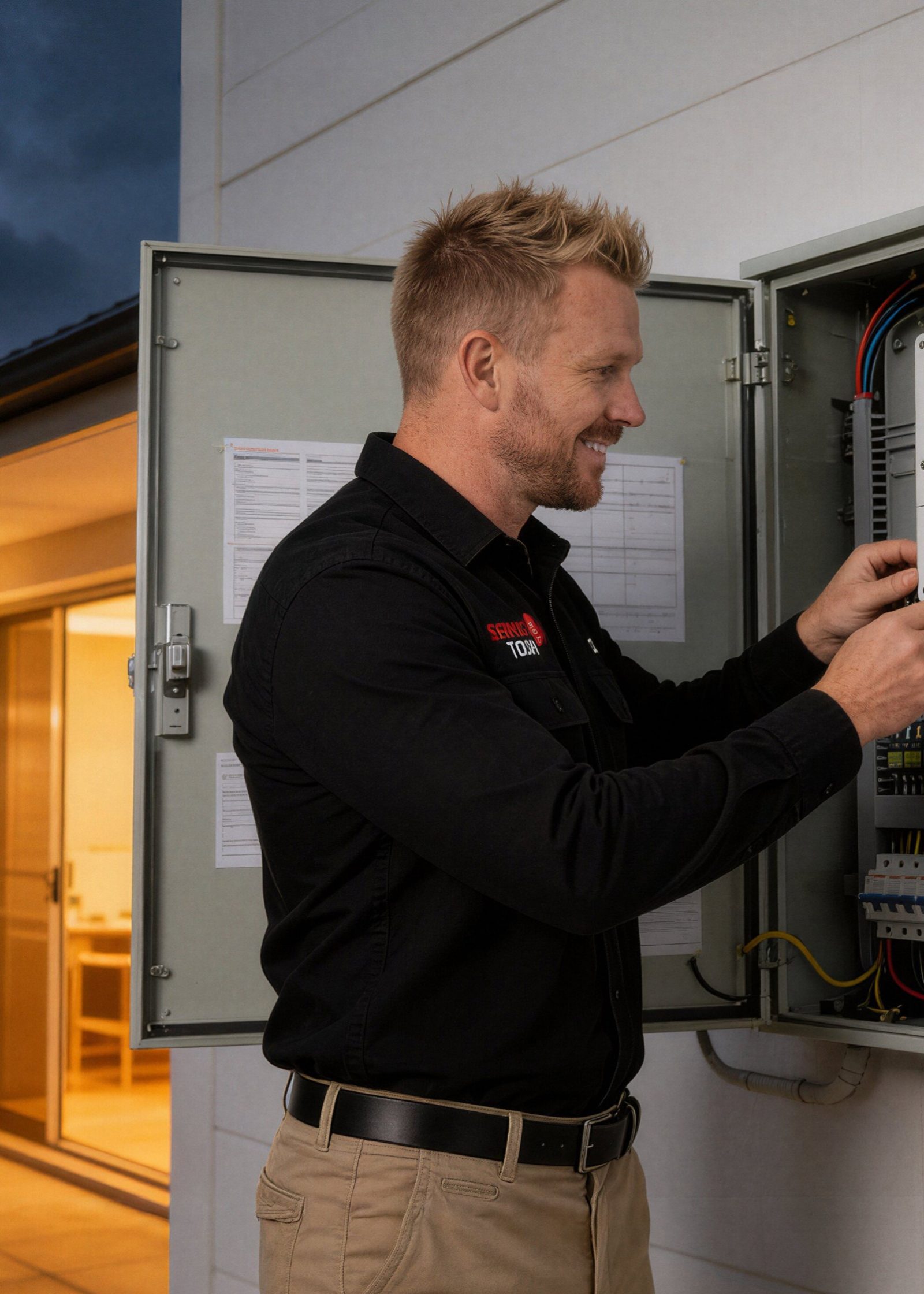 Electrician working on surge protection unit with wires and breakers in outdoor electrical box.